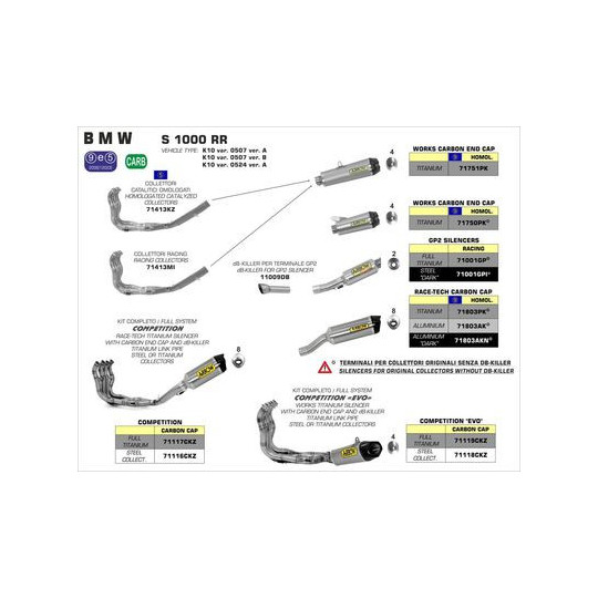 Ligne complète Arrow Compétition BMW S1000 RR 09-14 - Ligne complète compétition Race Tech Titane - Embout Carbone et DB-Kil