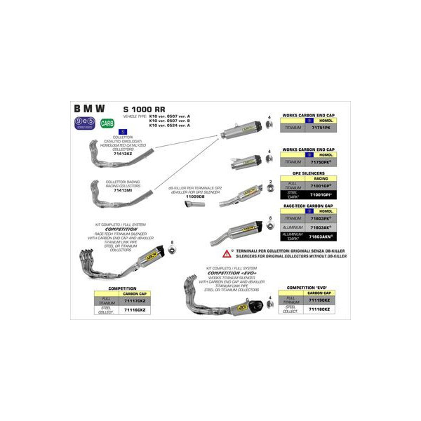 Ligne complète Arrow Compétition BMW S1000 RR 09-14 - Ligne complète compétition evo Works Inox - Embout Carbone et DB-Kille