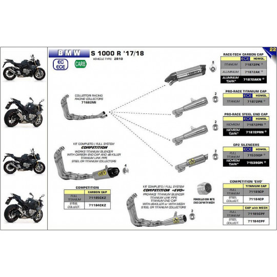 Ligne complète Arrow Compétition BMW S1000 R 17-18 Ligne complète compétition Works Inox - Embout Carbone et DB Killer - 711