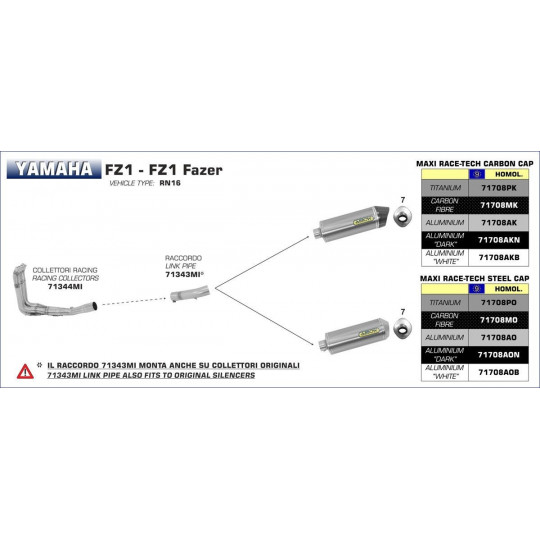 Lignes au détail Arrow Compétition Yamaha FZ1 et Fazer 06-16 - Collecteur Racing - Non homologué - 71344MI