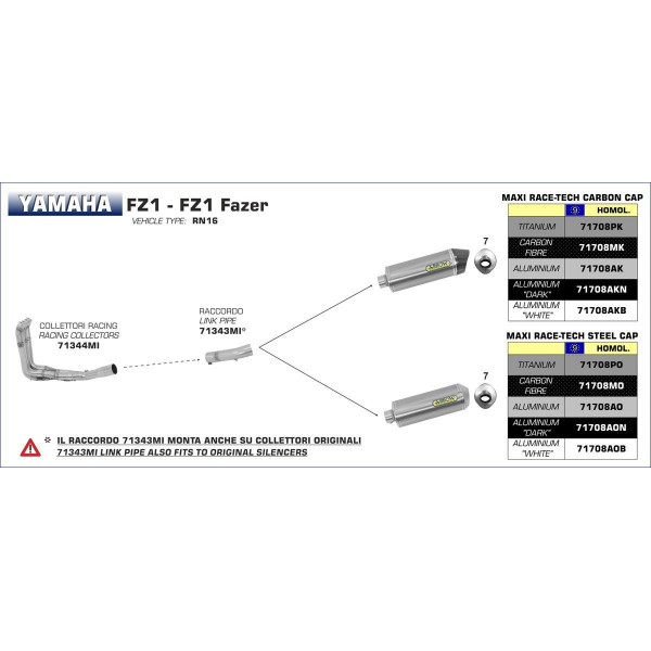 Lignes au détail Arrow Compétition Yamaha FZ1 et Fazer 06-16 - Collecteur Racing - Non homologué - 71344MI