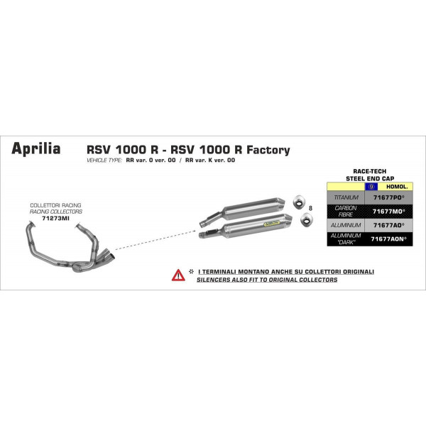 Echappement au détail Arrow Compétition Aprilia RSV 1000 R-R Factory 04-08 - Silencieux Race Tech Alu - Embout Inox - 71677AO