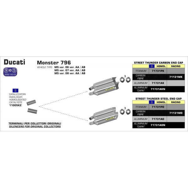 Ligne au détail Arrow Compétition Ducati 696 - 796 MONSTER 08-14 - Silencieux Thunder Alu - Embout Inox - 71731AO