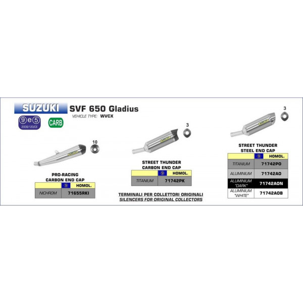 Silencieux Arrow Compétition Suzuki SFV 650 Gladius 09-15 - Silencieux Street Thunder Alu - Embout Inox - 71742AO