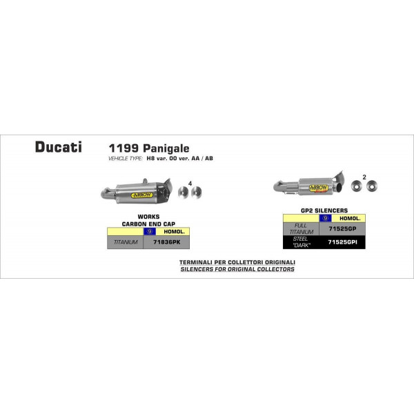 Silencieux Arrow Compétition Ducati 899-1199 12-15 - Silencieux Works Titane - Embout Carbone - 71836PK