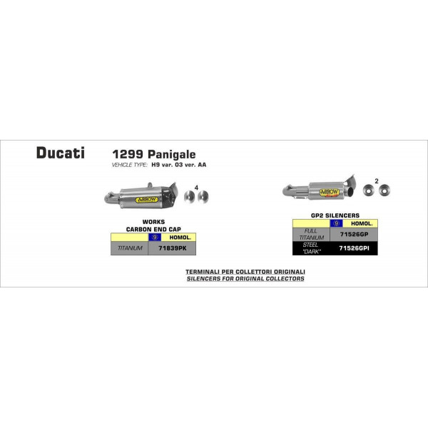 Silencieux Arrow Compétition Ducati 1299 15-16 - Silencieux Works Titane - Embout Carbone - 71839PK