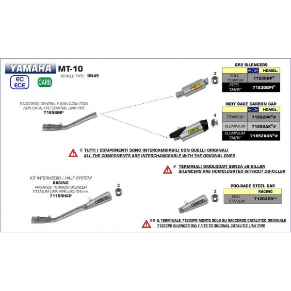 Silencieux Arrow Compétition Yamaha MT10 16-18 - Silencieux Indy-Race Titane - Embout Carbone - 71852PK
