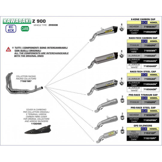 Ligne au détail Arrow Compétition Kawasaki Z 900 17-19 Silencieux Pro-Race Chromé - Embout Inox - 71856PRI