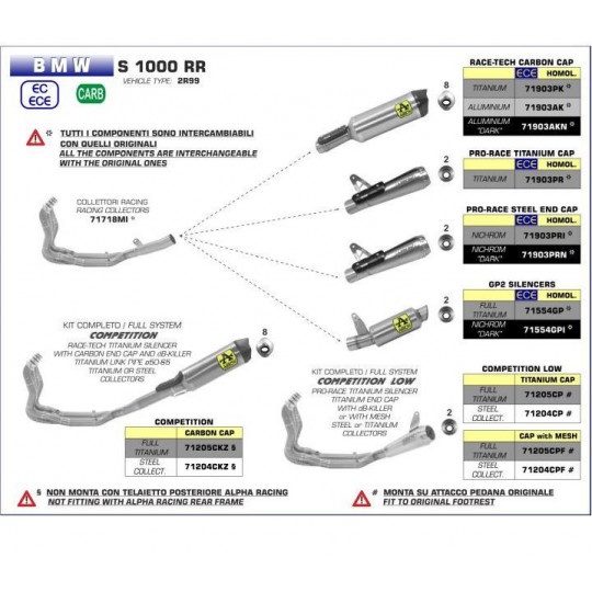 Ligne au détail Arrow S1000 RR 19-20 - Silencieux Pro-Race pare chaleur carbone homologué - Enveloppe Titane - 71903PR