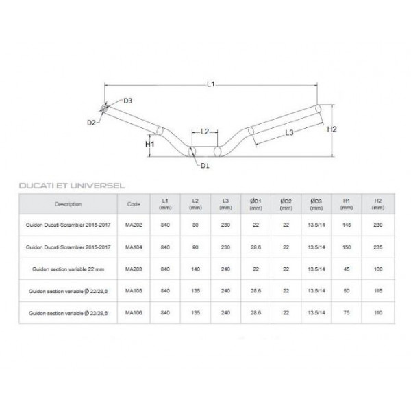 Guidon aluminium CNC - Guidon section variable ø 22 / 28,6 - hauteur 110 mm