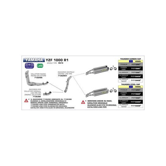 Echappement au détail Arrow Compétition Yamaha R1 07-08 - Silencieux Thunder Alu Noir - Embout Carbone - 71719AK&N