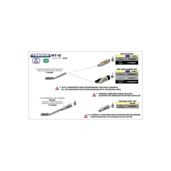 Silencieux Arrow Compétition Yamaha MT10 16-18 - Slencieux Indy-Race Alu Noir - Embout Carbone - 71852AK&N